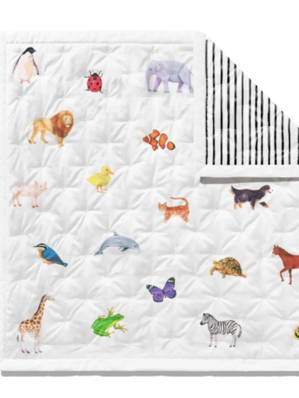 Lovevery organic comforter with animals and stripes